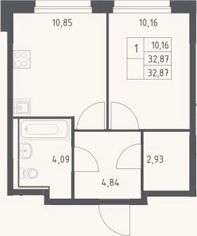 Планировка: 1-к, 32,9 м²