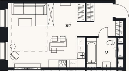 Планировка: Студия, 40,8 м²
