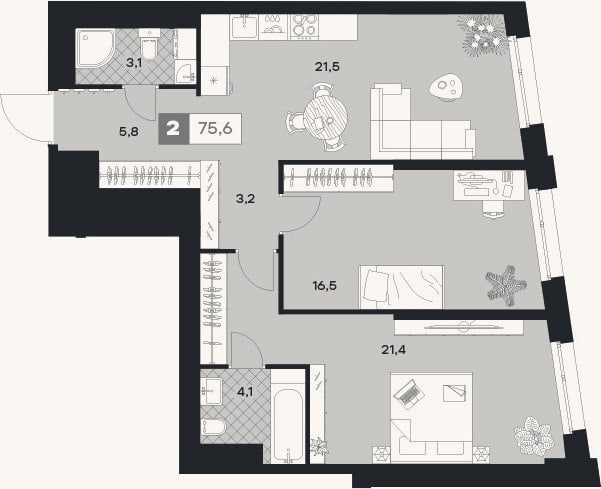 Планировка: 2-к, 75,6 м²
