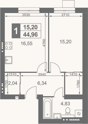 Планировка: 1-к, 45 м²