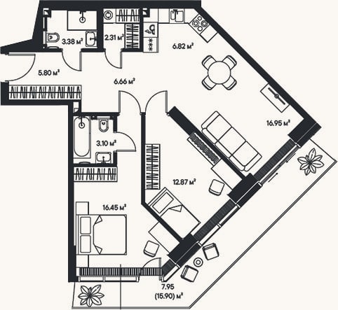 Планировка: 3-к, 74,3 м²