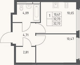 Планировка: 1-к, 32,7 м²