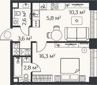 Планировка: 2-к, 41,5 м²
