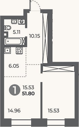 Планировка: 1-к, 51,8 м²