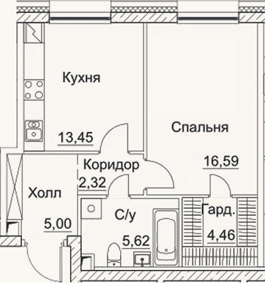 Планировка: 1-к, 47,4 м²