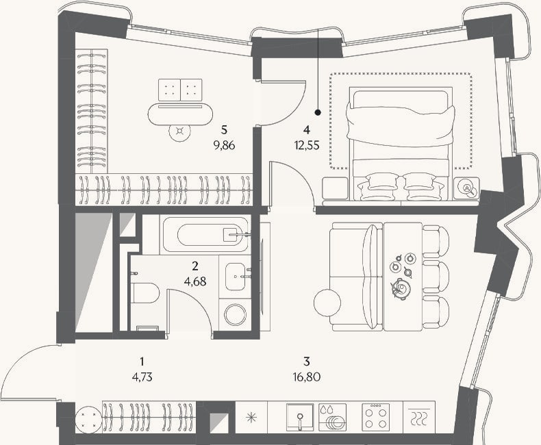 Планировка: 1-к, 51 м²