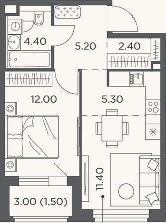 Планировка: 2-к, 42,3 м²