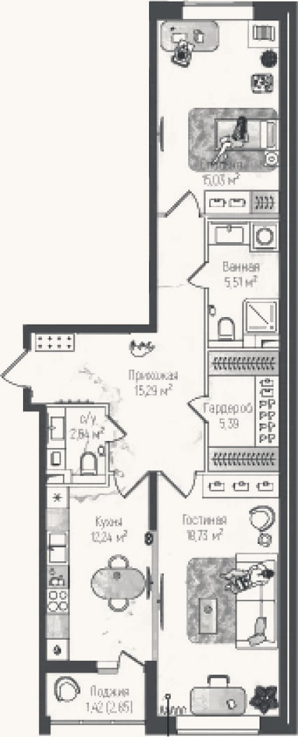 Планировка: 2-к, 74,8 м²