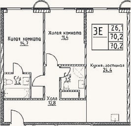 Планировка: 3-к, 70,2 м²