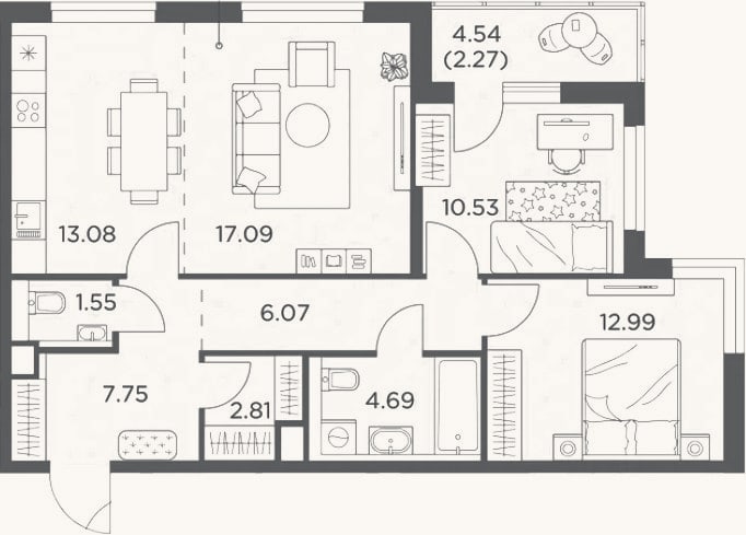 Планировка: 3-к, 76,6 м²