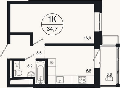 Планировка: 1-к, 33,6 м²