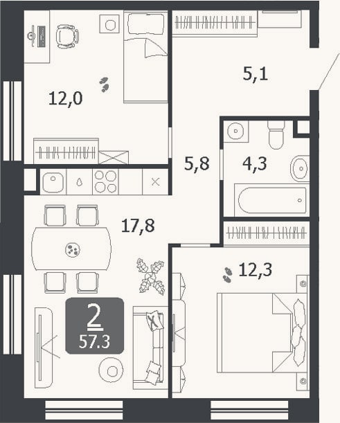 Планировка: 3-к, 57,3 м²