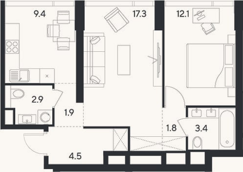 Планировка: 2-к, 53,3 м²
