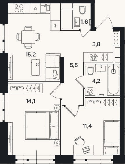 Планировка: 2-к, 55,8 м²