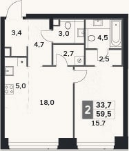 Планировка: 2-к, 59,5 м²