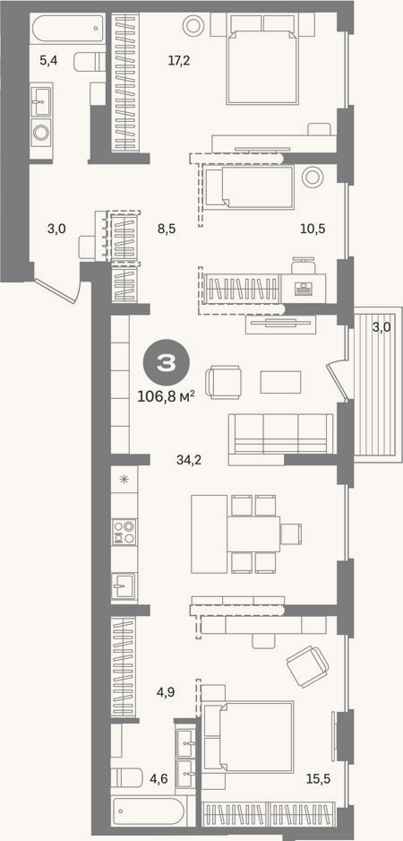 Планировка: 3-к, 103,8 м²