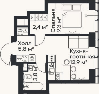 Планировка: 2-к, 34,2 м²