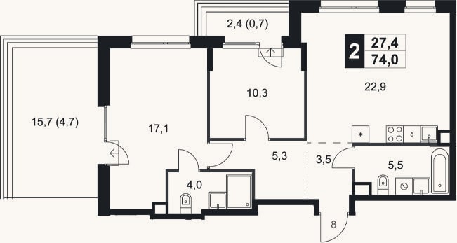 Планировка: 2-к, 68,6 м²