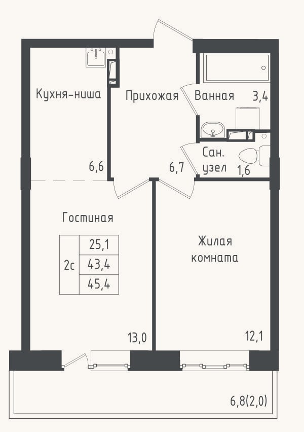 Планировка: 1-к, 43,4 м²