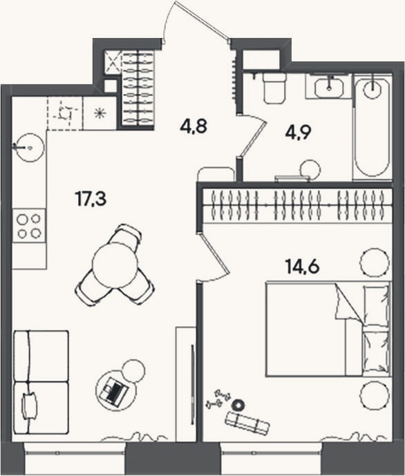 Планировка: 2-к, 41,6 м²