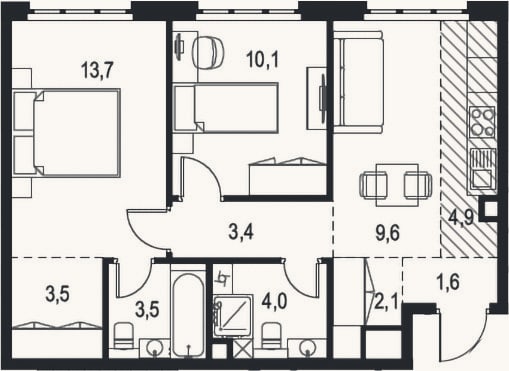 Планировка: 3-к, 56,4 м²