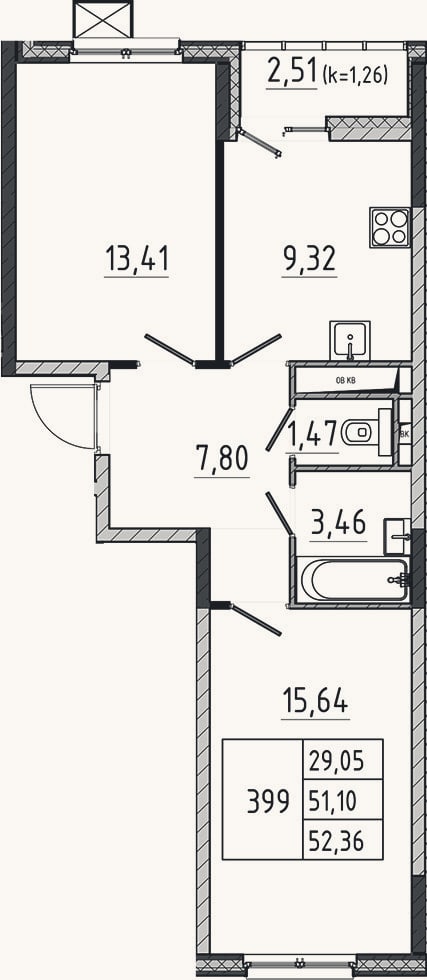 Планировка: 2-к, 51,1 м²
