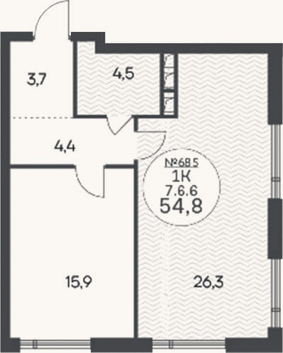 Планировка: 1-к, 54,8 м²