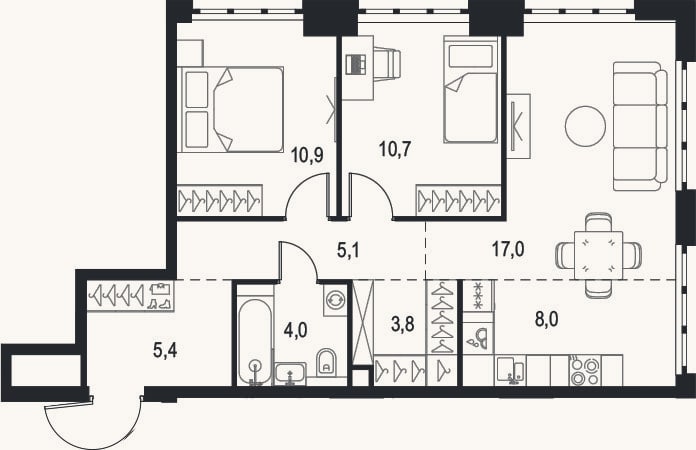 Планировка: 3-к, 64,9 м²
