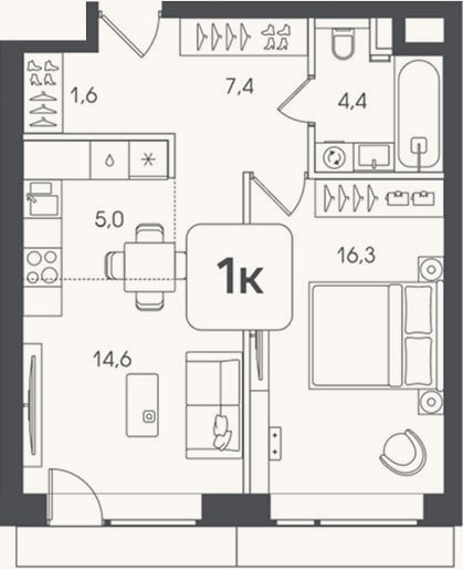 Планировка: 2-к, 49,3 м²