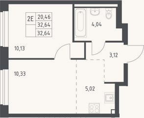 Планировка: 2-к, 32,6 м²
