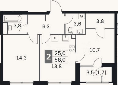 Планировка: 2-к, 54,9 м²