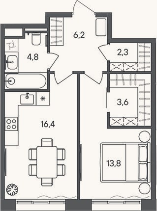 Планировка: 1-к, 47,1 м²