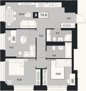 Планировка: 3-к, 72,5 м²