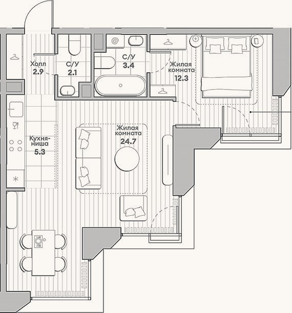 Планировка: 2-к, 50,7 м²