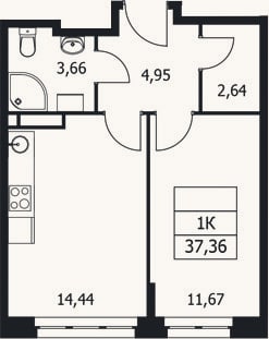 Планировка: 1-к, 37,4 м²