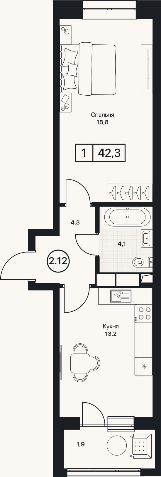 Планировка: 1-к, 40,4 м²