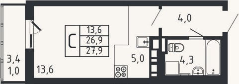Планировка: Студия, 26,9 м²