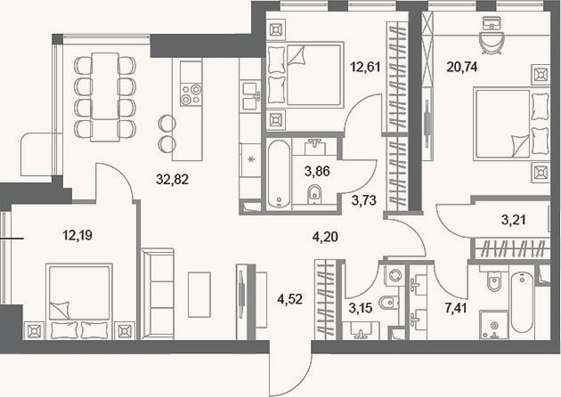Планировка: 3-к, 108,4 м²