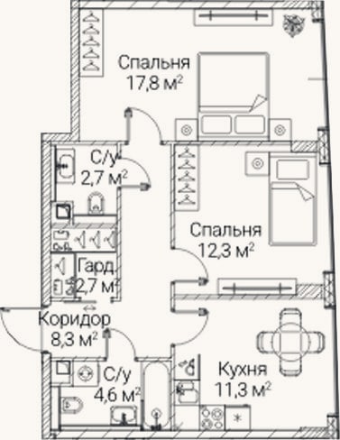 Планировка: 2-к, 59,7 м²