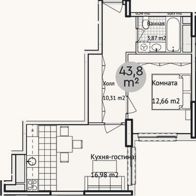 Планировка: 2-к, 43,8 м²