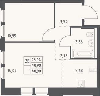 Планировка: 2-к, 40,9 м²