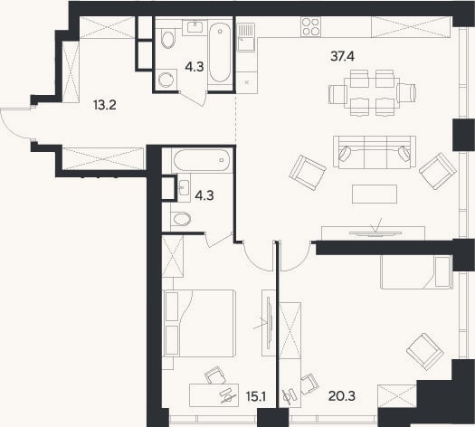 Планировка: 3-к, 94,6 м²