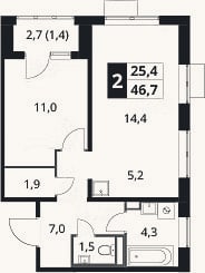 Планировка: 2-к, 45,3 м²