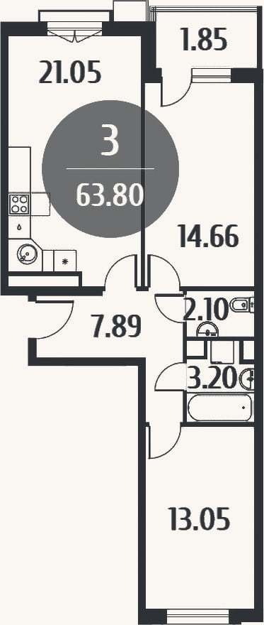 Планировка: 3-к, 61,9 м²