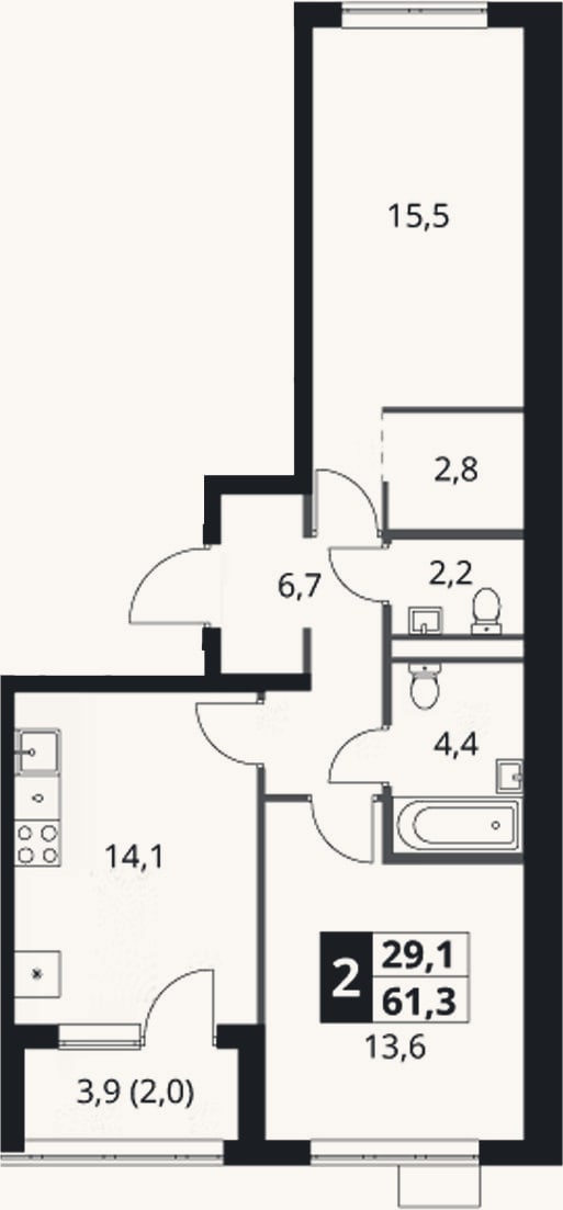 Планировка: 2-к, 59,3 м²
