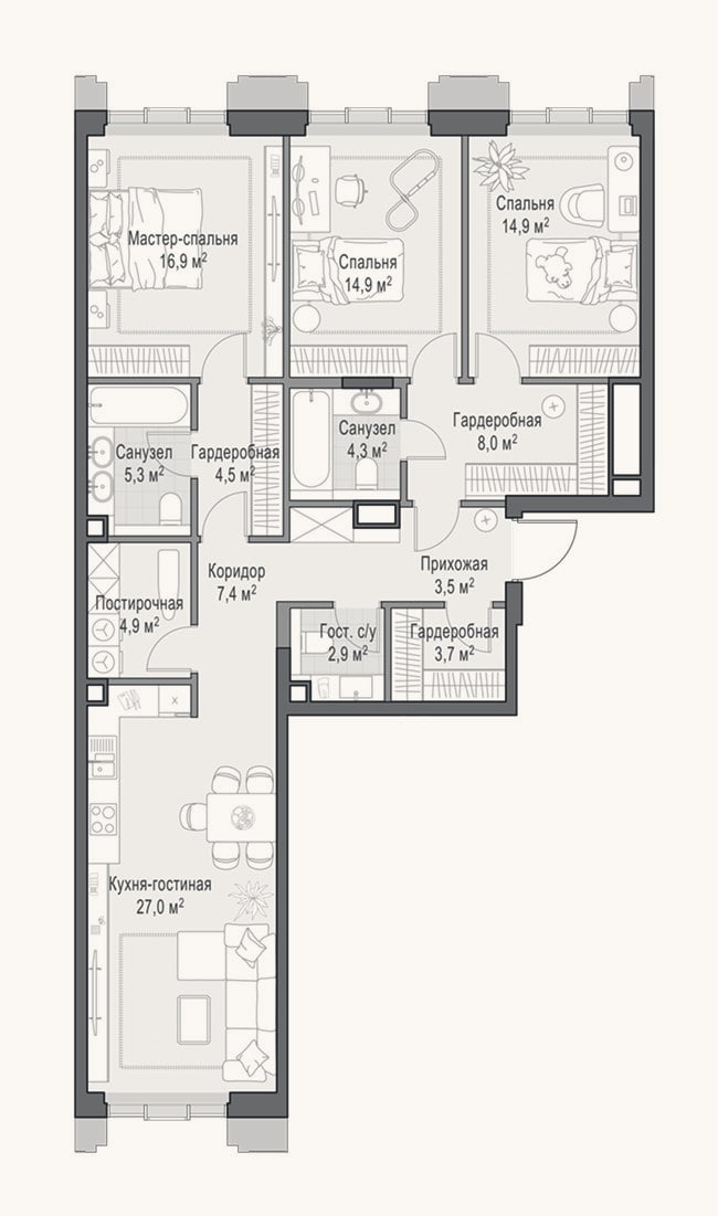 Планировка: 4+ к, 119 м²