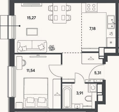 Планировка: 2-к, 43,2 м²