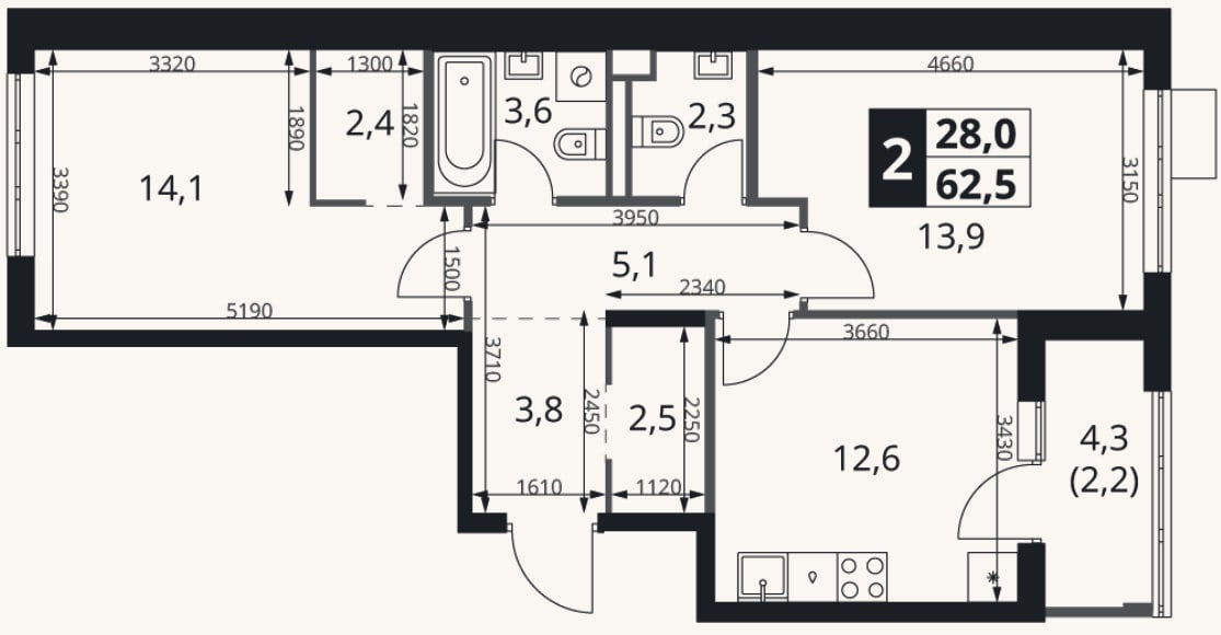 Планировка: 2-к, 60,3 м²