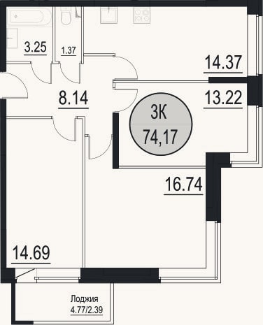 Планировка: 3-к, 71,8 м²
