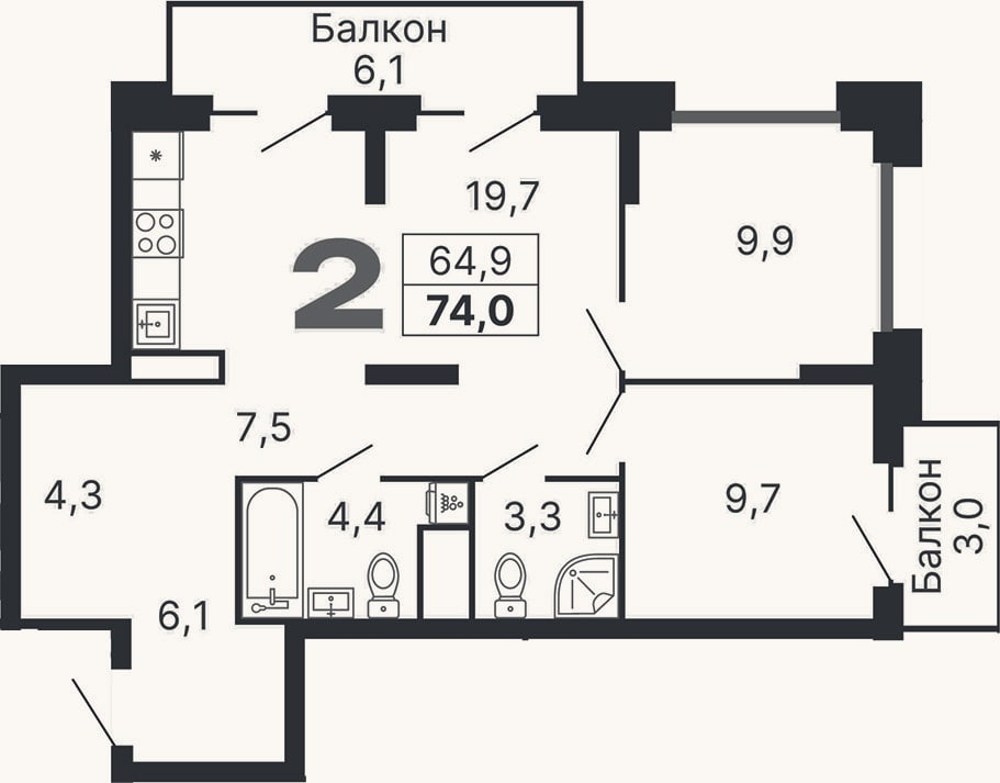 Планировка: 3-к, 64,9 м²